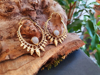 Moonstone & Brass Spiky Hoop Earrings Ethnic, rustic, yoga, hippie, gypsy, pretty, psy, boho, bohemian, festival