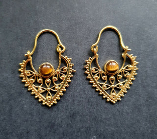 Small Boho Earrings Tiger Eye Brass Earrings / Triangle / Mandala / Ethnic / Rustic / Yoga / Hippie / Gypsy / Psy / Bohemian / Festival