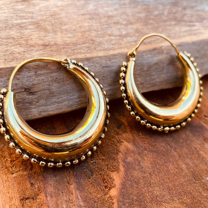 Gold Chunky Hoop Earrings / Brass Ball Detail / Ethnic / Rustic / Bohemian / Gold / Gypsy / Spiral / Hippie / Chunky / Festival / style