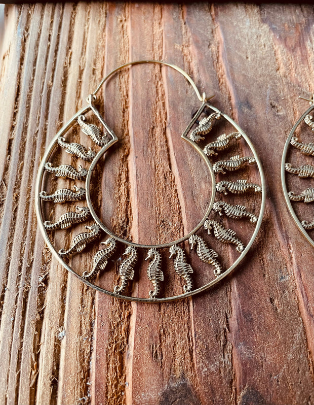 Gold Sea Horse Earrings Extra Large Hoops / Lightweight / Unique Gift / Boho Jewellery / Ethnic / Rustic / Festival / Gypsy / Hippie