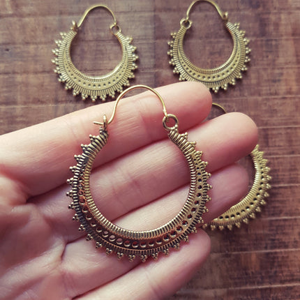 Afghani Boho Brass Hoops; Ethnic Rustic Indian Festival Psy Gypsy Spiral Hippie Tribal style