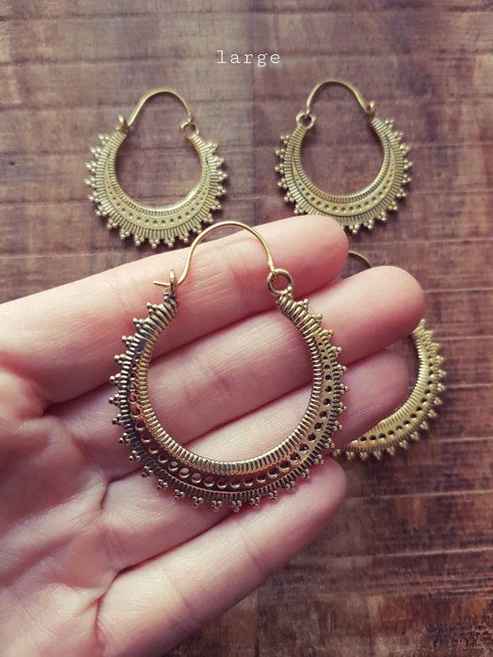 Afghani Boho Brass Hoops; Ethnic Rustic Indian Festival Psy Gypsy Spiral Hippie Tribal style