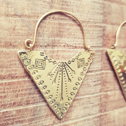 Geometric Tribal Triangle Aztec Style Brass Earrings; Ethnic, Geometric, rustic, yoga, hippie, gypsy, pretty, psy, boho, bohemian, festival