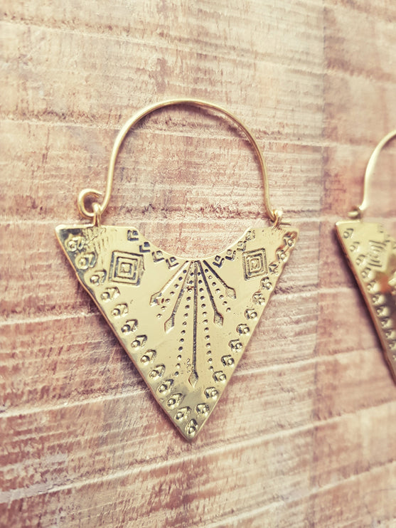 Geometric Tribal Triangle Aztec Style Brass Earrings; Ethnic, Geometric, rustic, yoga, hippie, gypsy, pretty, psy, boho, bohemian, festival