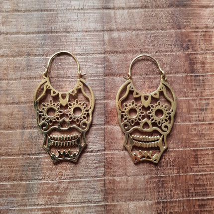 Mexican Sugar Skull Brass Earrings; Halloween Day of the Dead Ethnic Boho Rustic Chic Gypsy Spiral Hippie Tribal Bohemian style