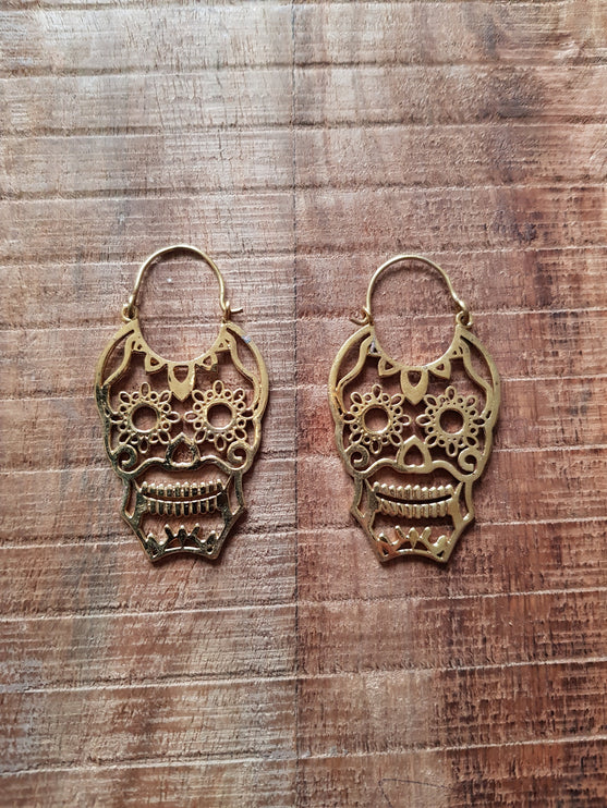 Mexican Sugar Skull Brass Earrings; Halloween Day of the Dead Ethnic Boho Rustic Chic Gypsy Spiral Hippie Tribal Bohemian style