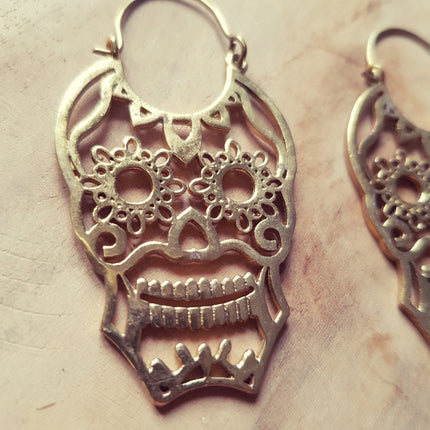 Mexican Sugar Skull Brass Earrings; Halloween Day of the Dead Ethnic Boho Rustic Chic Gypsy Spiral Hippie Tribal Bohemian style