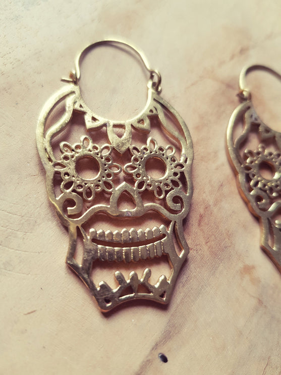 Mexican Sugar Skull Brass Earrings; Halloween Day of the Dead Ethnic Boho Rustic Chic Gypsy Spiral Hippie Tribal Bohemian style