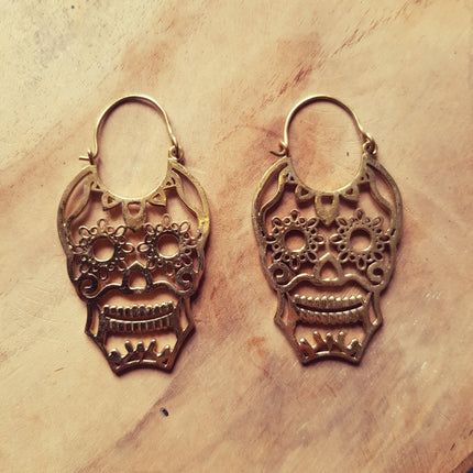 Mexican Sugar Skull Brass Earrings; Halloween Day of the Dead Ethnic Boho Rustic Chic Gypsy Spiral Hippie Tribal Bohemian style