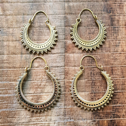 Afghani Boho Brass Hoops; Ethnic Rustic Indian Festival Psy Gypsy Spiral Hippie Tribal style