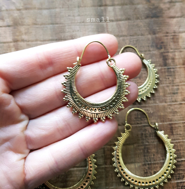 Afghani Boho Brass Hoops; Ethnic Rustic Indian Festival Psy Gypsy Spiral Hippie Tribal style