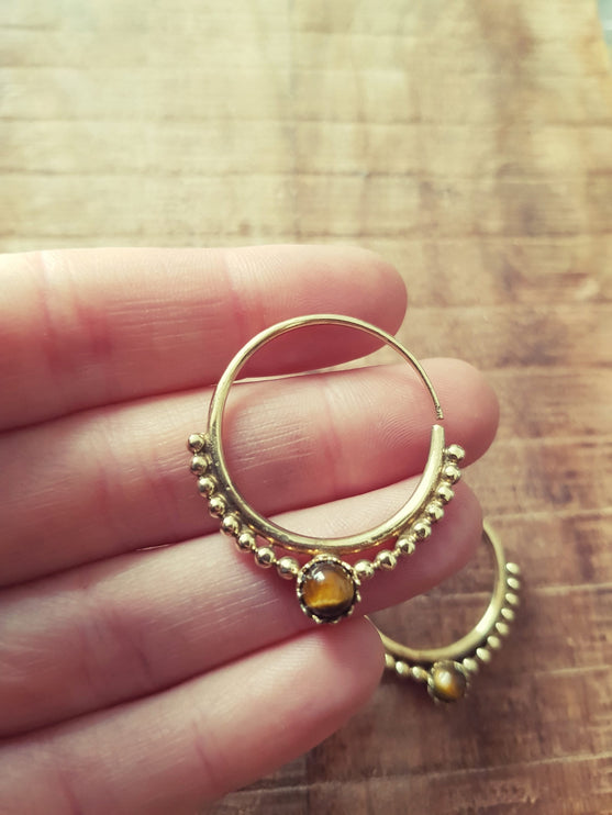 Small Boho Hoops Tiger Eye Brass Earrings / Triangle / Mandala / Ethnic / Rustic / Yoga / Hippie / Gypsy / Psy / Bohemian / Festival