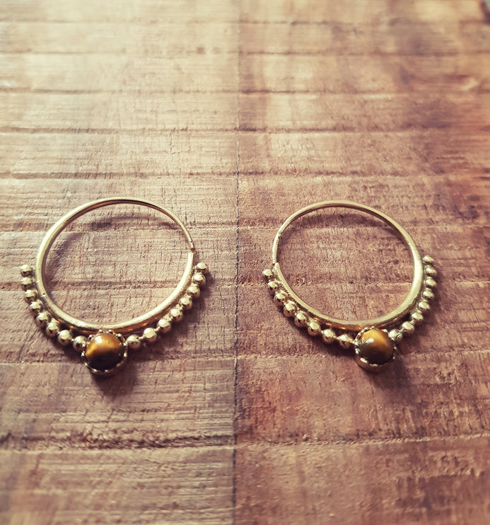 Small Boho Hoops Tiger Eye Brass Earrings / Triangle / Mandala / Ethnic / Rustic / Yoga / Hippie / Gypsy / Psy / Bohemian / Festival