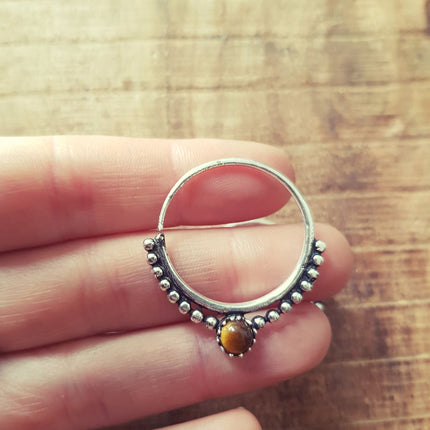 Small Boho Hoops Tiger Eye Silver Earrings / Triangle / Mandala / Ethnic / Rustic / Yoga / Hippie / Gypsy / Psy / Bohemian / Festival