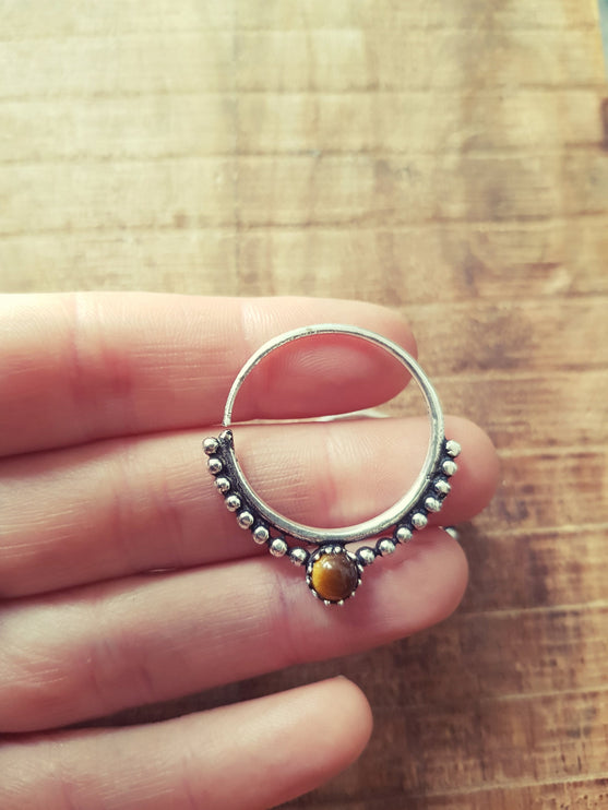 Small Boho Hoops Tiger Eye Silver Earrings / Triangle / Mandala / Ethnic / Rustic / Yoga / Hippie / Gypsy / Psy / Bohemian / Festival