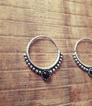 Small Boho Hoops Black Onyx Silver Earrings / Triangle / Mandala / Ethnic / Rustic / Yoga / Hippie / Gypsy / Psy / Bohemian / Festival