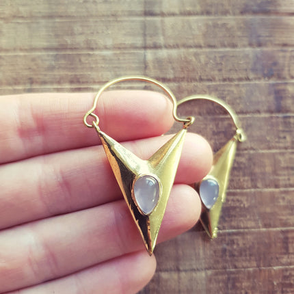 Geometric Triangle Rose Quartz & Brass Earrings / Tribal / Mandala / Ethnic / Rustic / Yoga / Boho / Bohemian / Festival Fashion / Gifts