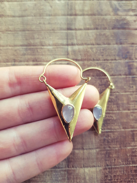 Geometric Triangle Rose Quartz & Brass Earrings / Tribal / Mandala / Ethnic / Rustic / Yoga / Boho / Bohemian / Festival Fashion / Gifts