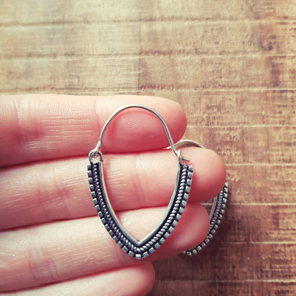 Small Boho Silver Hoop Earrings; Ethnic, Geometric, Small, Rustic, Yoga, Hippie, Gypsy, Pretty, Psy, Bohemian, Festival