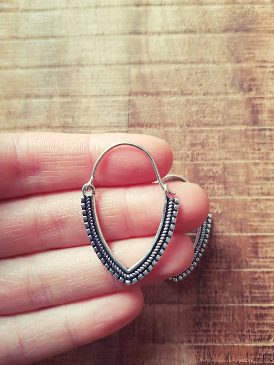 Small Boho Silver Hoop Earrings; Ethnic, Geometric, Small, Rustic, Yoga, Hippie, Gypsy, Pretty, Psy, Bohemian, Festival