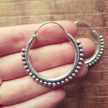 Tribal Silver Hoop Earrings; Ethnic, Geometric, Small, Rustic, Yoga, Hippie, Gypsy, Pretty, Psy, Boho, Bohemian, Festival