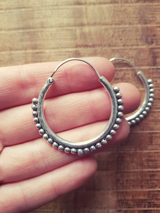 Tribal Silver Hoop Earrings; Ethnic, Geometric, Small, Rustic, Yoga, Hippie, Gypsy, Pretty, Psy, Boho, Bohemian, Festival