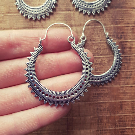 Afghani Boho Silver Hoops; Ethnic Rustic Indian Festival Psy Gypsy Spiral Hippie Tribal style