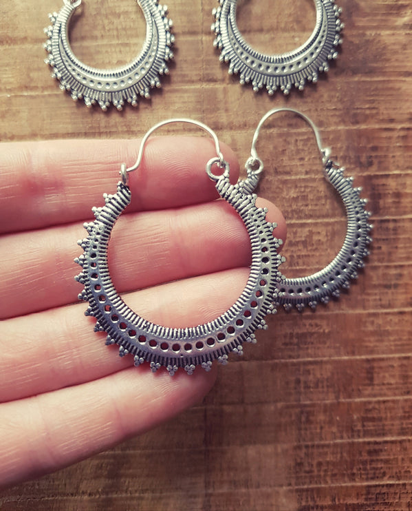 Afghani Boho Silver Hoops; Ethnic Rustic Indian Festival Psy Gypsy Spiral Hippie Tribal style