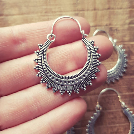 Afghani Boho Silver Hoops; Ethnic Rustic Indian Festival Psy Gypsy Spiral Hippie Tribal style