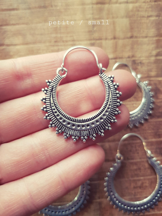 Afghani Boho Silver Hoops; Ethnic Rustic Indian Festival Psy Gypsy Spiral Hippie Tribal style