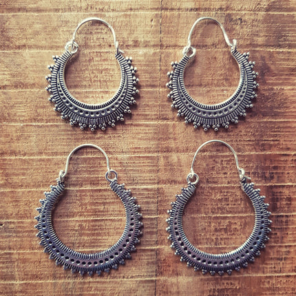 Afghani Boho Silver Hoops; Ethnic Rustic Indian Festival Psy Gypsy Spiral Hippie Tribal style