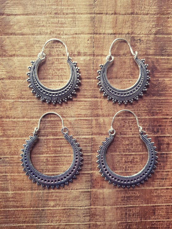 Afghani Boho Silver Hoops; Ethnic Rustic Indian Festival Psy Gypsy Spiral Hippie Tribal style