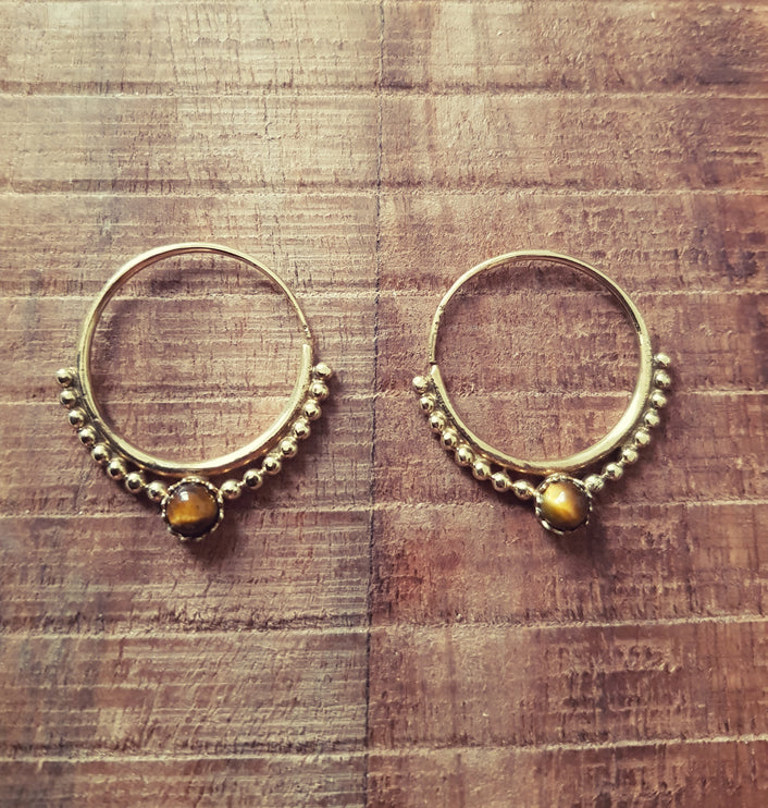 Small Boho Hoops Tiger Eye Brass Earrings / Triangle / Mandala / Ethnic / Rustic / Yoga / Hippie / Gypsy / Psy / Bohemian / Festival