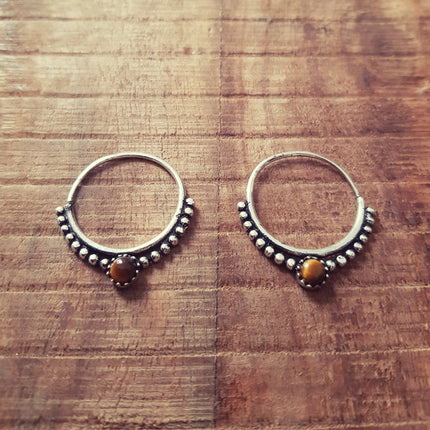 Small Boho Hoops Tiger Eye Silver Earrings / Triangle / Mandala / Ethnic / Rustic / Yoga / Hippie / Gypsy / Psy / Bohemian / Festival