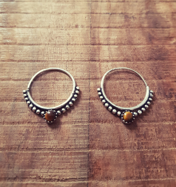 Small Boho Hoops Tiger Eye Silver Earrings / Triangle / Mandala / Ethnic / Rustic / Yoga / Hippie / Gypsy / Psy / Bohemian / Festival