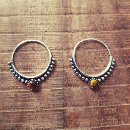 Small Boho Hoops Tiger Eye Silver Earrings / Triangle / Mandala / Ethnic / Rustic / Yoga / Hippie / Gypsy / Psy / Bohemian / Festival