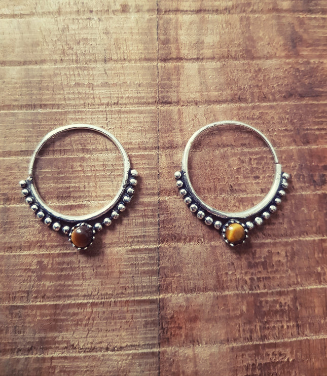 Small Boho Hoops Tiger Eye Silver Earrings / Triangle / Mandala / Ethnic / Rustic / Yoga / Hippie / Gypsy / Psy / Bohemian / Festival