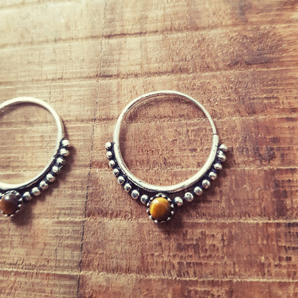 Small Boho Hoops Tiger Eye Silver Earrings / Triangle / Mandala / Ethnic / Rustic / Yoga / Hippie / Gypsy / Psy / Bohemian / Festival