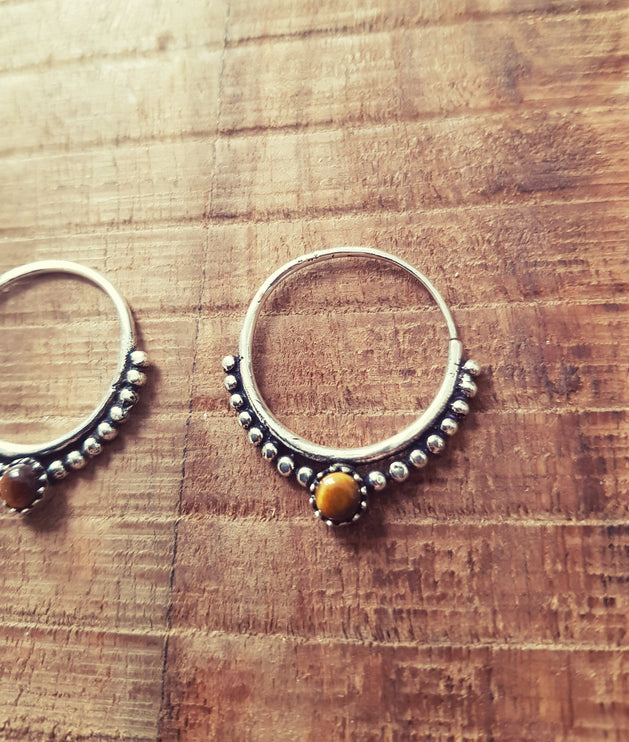 Small Boho Hoops Tiger Eye Silver Earrings / Triangle / Mandala / Ethnic / Rustic / Yoga / Hippie / Gypsy / Psy / Bohemian / Festival