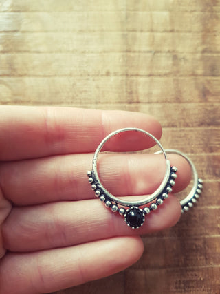 Small Boho Hoops Black Onyx Silver Earrings / Triangle / Mandala / Ethnic / Rustic / Yoga / Hippie / Gypsy / Psy / Bohemian / Festival