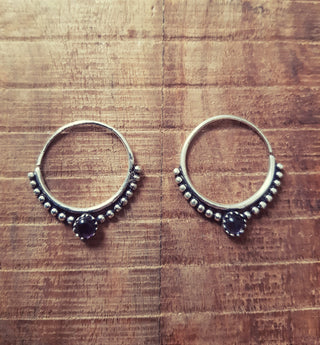 Small Boho Hoops Black Onyx Silver Earrings / Triangle / Mandala / Ethnic / Rustic / Yoga / Hippie / Gypsy / Psy / Bohemian / Festival