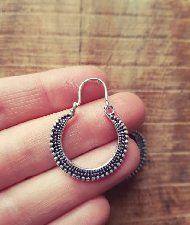 Mini Boho Silver Hoop Earrings; Ethnic, Geometric, Small, Rustic, Yoga, Hippie, Gypsy, Pretty, Ssy, Boho, Bohemian, Festival