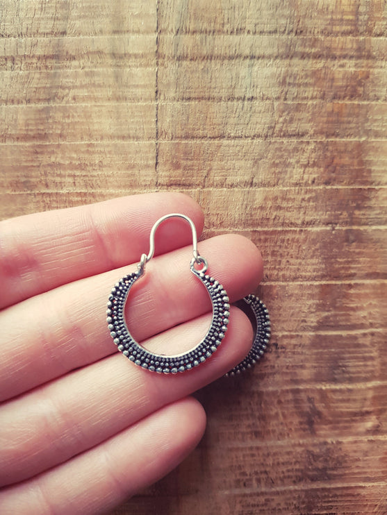 Mini Boho Silver Hoop Earrings; Ethnic, Geometric, Small, Rustic, Yoga, Hippie, Gypsy, Pretty, Ssy, Boho, Bohemian, Festival