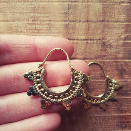 Mini Afghani Brass Earrings / Boho, Ethnic, Geometric, Small, Rustic, Yoga, Hippie, Gypsy, Pretty, Psy, Bohemian, Festival