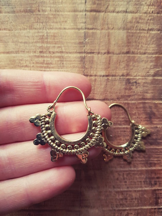 Mini Afghani Brass Earrings / Boho, Ethnic, Geometric, Small, Rustic, Yoga, Hippie, Gypsy, Pretty, Psy, Bohemian, Festival