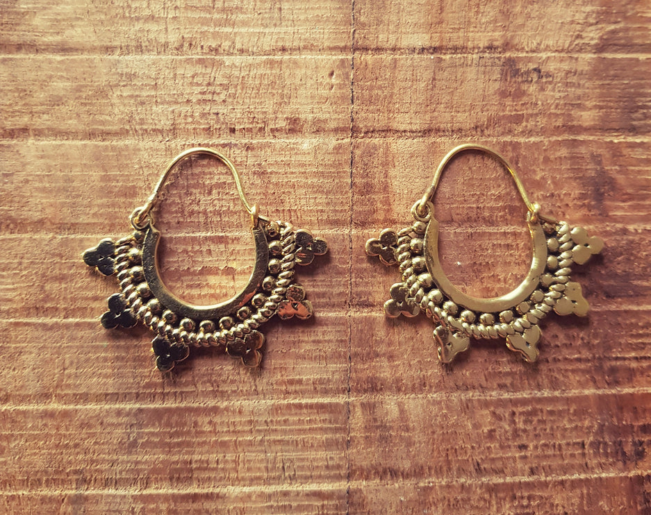 Mini Afghani Brass Earrings / Boho, Ethnic, Geometric, Small, Rustic, Yoga, Hippie, Gypsy, Pretty, Psy, Bohemian, Festival