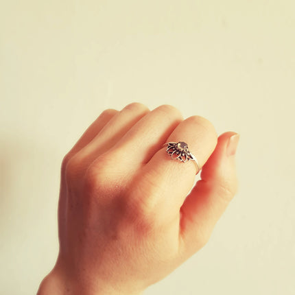 Silver Lotus Flower Ring / Black Onyx / Boho / Ethnic / Rustic / Tribal / Gypsy / Festival / Indian / Healing / Festival