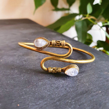 Spiral Boho Bracelet / Bangle / Moonstone / Brass / Arm Bracelet / Ethnic / Rustic / Bohemian / Hippie / Gypsy / Psy / Adjustable