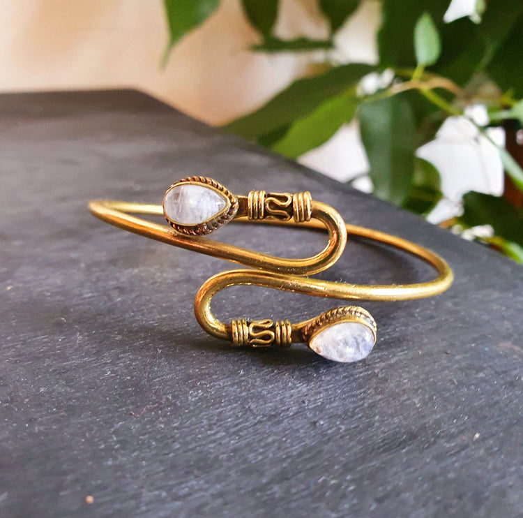 Spiral Boho Bracelet / Bangle / Moonstone / Brass / Arm Bracelet / Ethnic / Rustic / Bohemian / Hippie / Gypsy / Psy / Adjustable