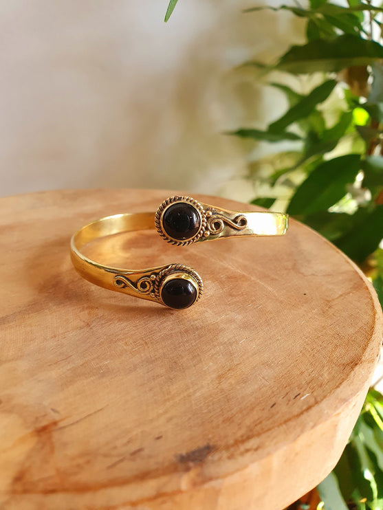 Black Onyx Bracelet Gold Bangle / Brass / Ethnic / Rustic / Bohemian / Hippie / Gypsy / Psy / Chic / Jewellery / Body / Adjustable